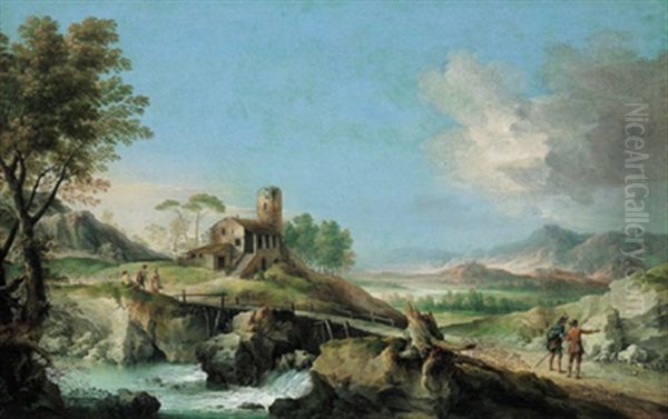 Weite, Gebirgige Flusslandschaft Mit Einem Sturzbach Und Figuren - view 1