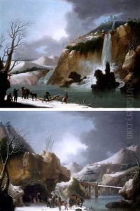 Paysage D'hiver Avec Attelage Embourbe (+ Paysage D'hiver Avec Villageois Coupant Du Bois; Pair, Collab. W/workshop Of Francesco Foschi)