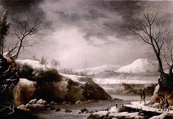 A Winter Landscape With Figures Carrying Wood Beside A River - view 1
