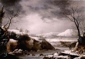 A Winter Landscape With Figures Carrying Wood Beside A River