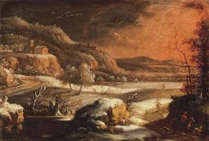 A Winter Landscape With A Horseman On A Track At Sunset