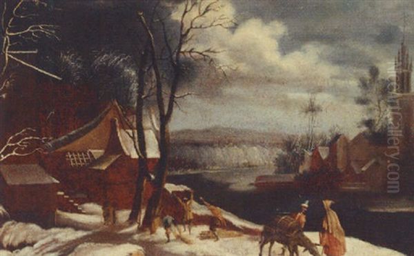 A Winter River Landscape With A Traveller, Donkey And Faggot Gatherers On A Track - view 1