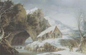 Paysans Pres D'une Chaumiere Dans Un Paysage De Montagnes Enneigees by Francesco Foschi