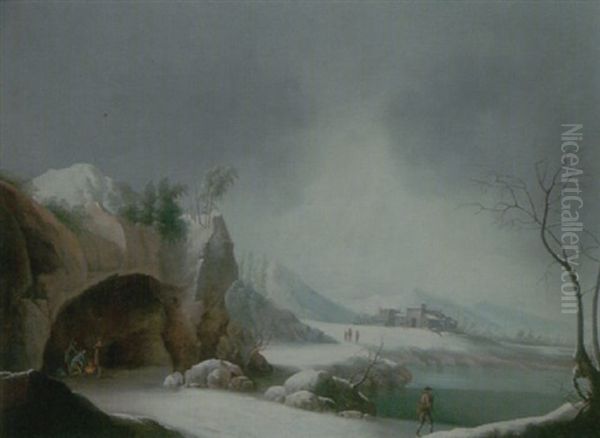 A Winter Landscape With Travellers Gathered Around A Fire In A Grotto, Overlooking A Lake, A Monastery Beyond - view 1