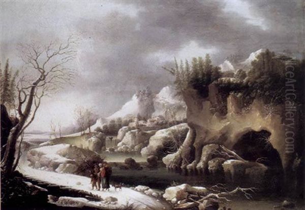 Promeneurs Dans Un Paysage De Riviere Enneige - view 1