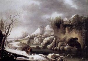 Promeneurs Dans Un Paysage De Riviere Enneige by Francesco Foschi
