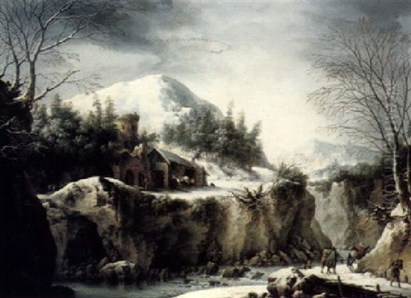 A Winter Landscape With Figures On A Mountain Path, A Castle Ruin In The Centre Ground And A City Beyond - view 1