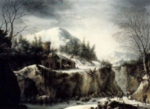 A Winter Landscape With Figures On A Mountain Path, A Castle Ruin In The Centre Ground And A City Beyond