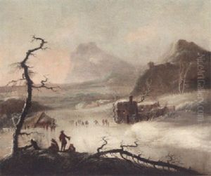 A Winter Landscape With Skaters On A Frozen Lake by Francesco Foschi