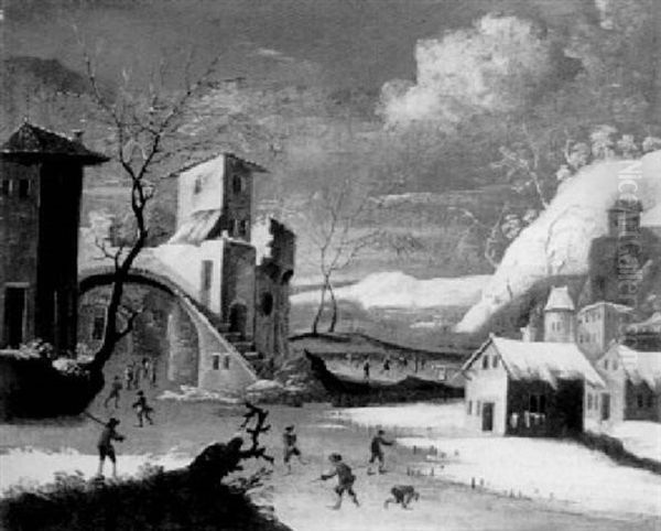 Winter Landscape With Skaters By A Village - view 1