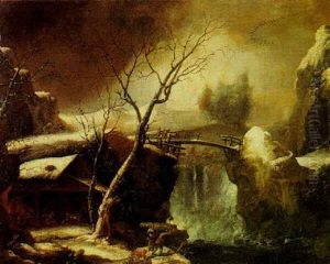 Rocky Winter Landscape With A Peasant Cutting Wood By A Waterfall