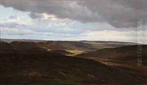 Hilly Landscape With Sheeps And A Girl by Harald Frederick Foss