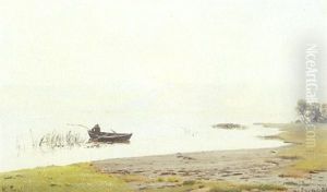 Fiskende Mand I Morgendis Ved Juul So by Harald Frederick Foss