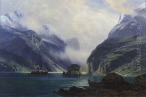 Morgendliche Fjordlandschaft Mit Dampfer Auf Reede Morgendliche Fjordlandschaft Mit Dampfer Auf Reede