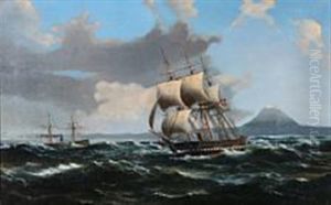 Seascape With A Sailing Ship And A Steamer by Peder Nielsen Foss