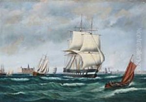 Sailing Ships At Sea With Kronborg Castle In The Background by Peder Nielsen Foss