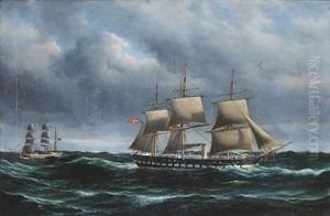 Seascape With The Frigate Jylland On Open Sea by Peder Nielsen Foss