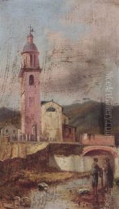 Washerwomen Before The Church Of St. John The Baptist Near Spezia by Andrea Fossati