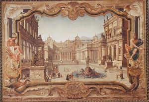 A Stage Set: Figures In The Courtyard Of A Fantastical Roman Palace, With A Fountain Of Neptune At The Center And The Figures Of Mercury And Jupiter Within A Baroque Framework