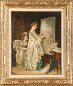 La Peintre Et Son Modele Dans L'atelier by Charles Alexandre Coessin de la Fosse