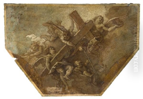 Trois Anges Et Putti Portant La Croix - view 1