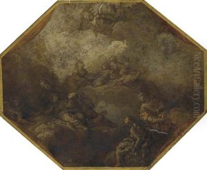 A Flying Angel Bringing A Palm Frond To A Pope, A Bishop And Martyr Saints Seated On Clouds