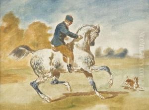 Cavalier Sur Un Cheval Gris Pommele Et Son Chien by Jonny Audy