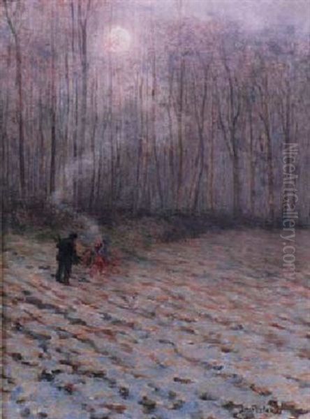 Burning Leaves In A Wooded Winter Landscape - view 1