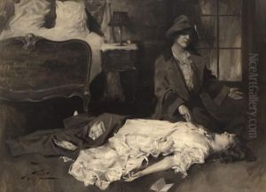 Woman Kneeling Over An Unconscious Woman In An Interior by William Frederick Foster