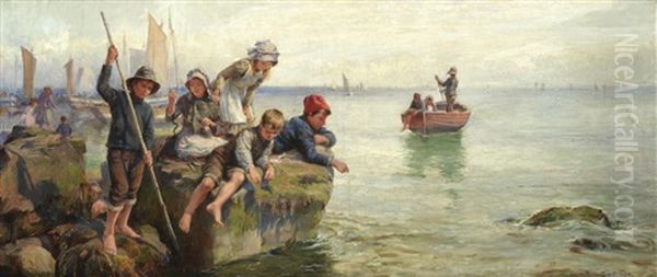 Children Fishing Off The Quay - view 1