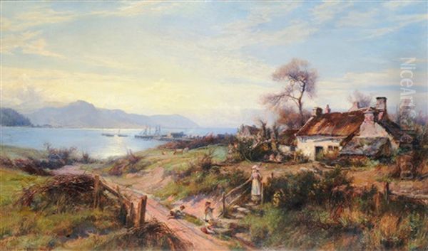 Mother And Children On A Country Lane, Fishing Boats On The Conway Estuary In The Distance - view 1
