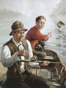 Fisherman Encounters A Sticky Reel As Fish Leaps by William Harnden Foster