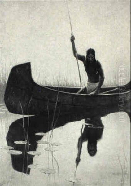 Native American Spear Fishing From Canoe - view 1
