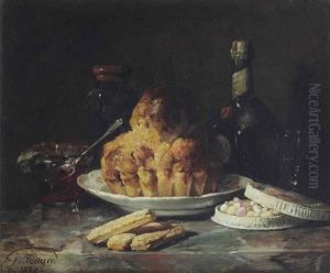 A Bundt Cake, A Glass Bowl With Confiture, A Bottle Of Dom Benedictine Liqueur And A Tin Of Pastilles And Eclairs A Bundt Cake, A Glass Bowl With Confiture, A Bottle Of Dom Benedictine Liqueur And A Tin Of Pastilles And Eclairs