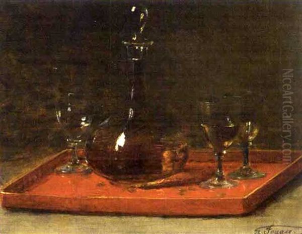 Nature Morte Avec Carafe Et Trois Verres Sur Plateau - view 1