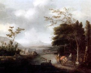 Huntsmen In A Wooded Landscape, A Waterfall And Mountains Beyond