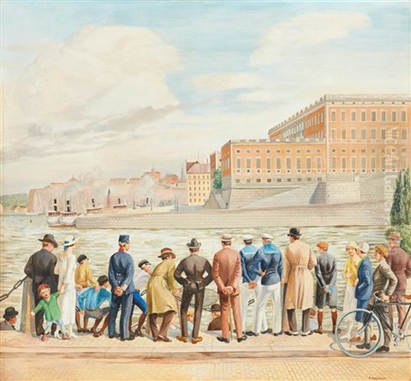 Folksamling Pa Stromkajen Med Vy Mot Stockholms Slott - view 1