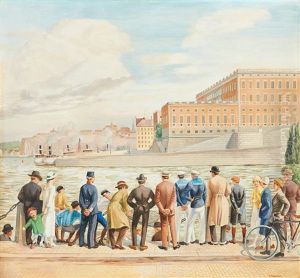 Folksamling Pa Stromkajen Med Vy Mot Stockholms Slott
