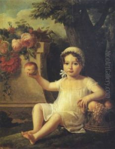 Portrait D'enfant A La Corbeille De Fruits Dans Un Paysage by Lucille Foullon