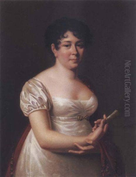 Portrait Of A Woman In White With A Paisley Shawl Holding A Fan - view 1