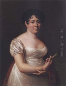 Portrait Of A Woman In White With A Paisley Shawl Holding A Fan by Lucille Foullon