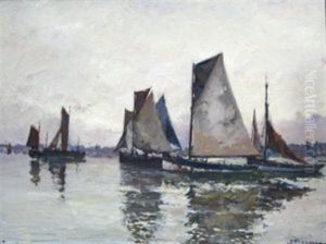 Fishing Vessels In A Tranquil Harbor by Robert Henry Fouques