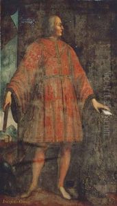 Portrait Of Jacques Coeur (bourges C. 1395-1461 Chios), Standing Full-length In An Interior, Wearing A Red Fleur-de-lys Embroidered Costume, A Town Beyond by Jean Fouquet