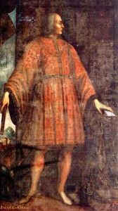 Portrait Of Jacques Coeur Wearing A Red Fleur-de-lys Embroidered Costume, A Town Beyond by Jean Fouquet