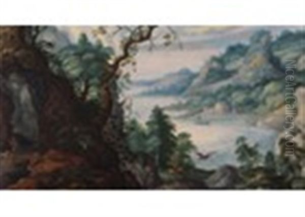Hunters In A Mountainous Lake Landscape - view 1
