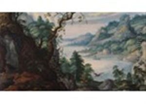 Hunters In A Mountainous Lake Landscape by Jacques Fouquieres