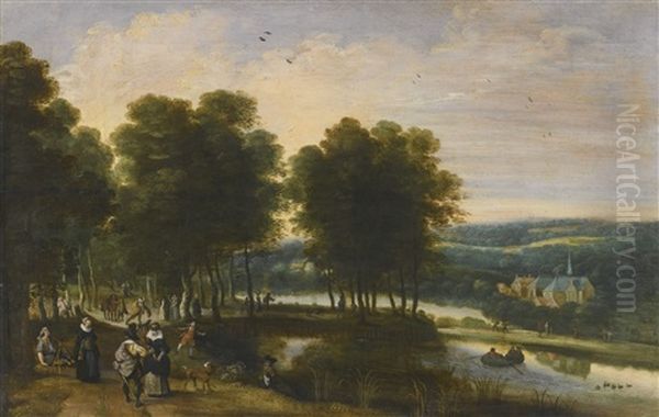 Elegant Figures Walking Beside A Lake In A Wooded Landscape - view 1