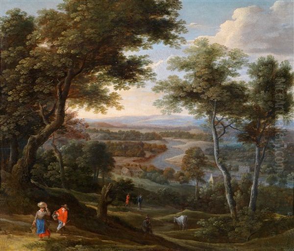 Weite Baumbestandene Landschaft Mit Bauerlichen Figuren - view 1