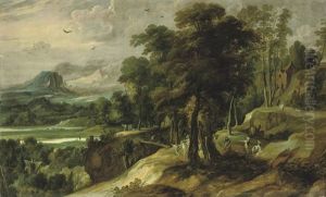 An Extensive River Landscape With The Angel Appearing To Balaam's Ass by Jacques Fouquieres