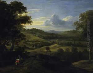 Weite Hugellandschaft Mit Windmuhle. Vorn Heimkehrende Bauern Am Waldesrand by Jacques Fouquieres